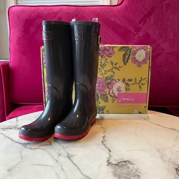 Joules Kelly Welly Rain boots slate gray with Pink SZ 6 - Picture 3 of 16